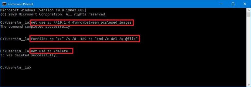 How to use ForFiles command on shared network folder on Windows 10