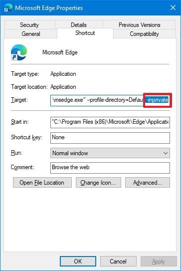 How to always open Microsoft Edge InPrivate mode on Windows 10