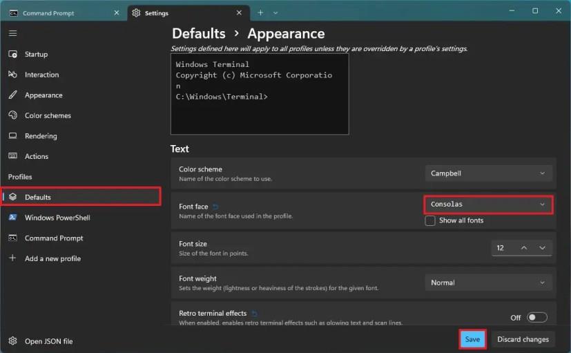 How to change default font face on Windows Terminal