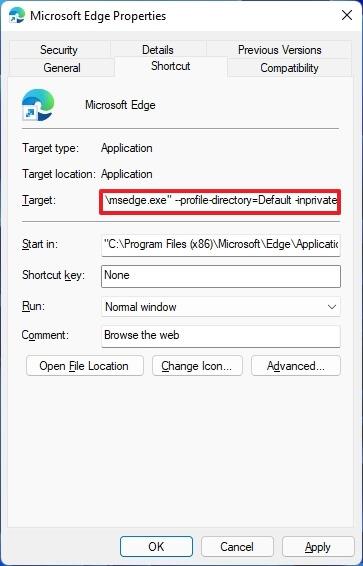 How to open Microsoft Edge always InPrivate mode on Windows 11