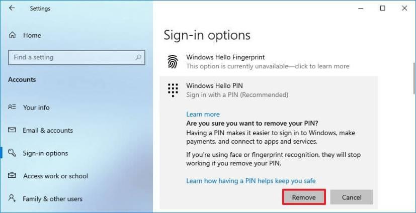 How to remove Windows Hello PIN on Windows 10