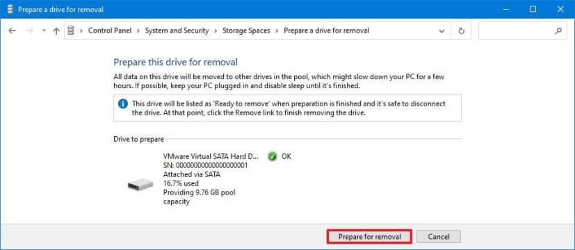 How to remove drive from pool in Storage Spaces on Windows 10