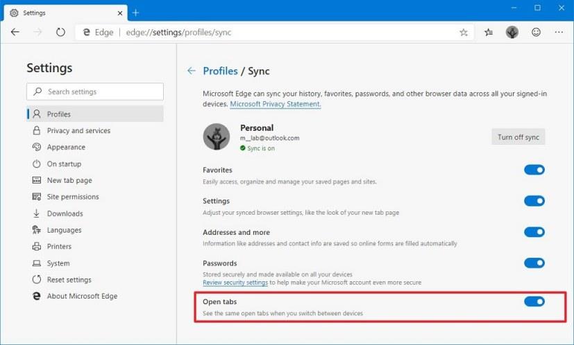 How to enable open tabs sync on Microsoft Edge