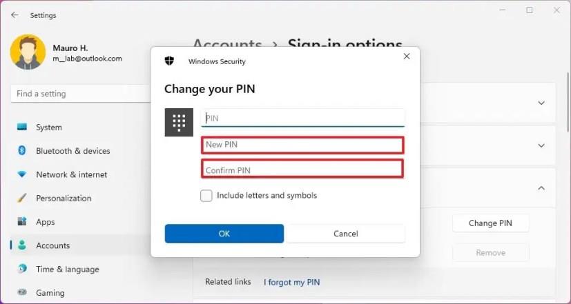 How to change PIN password on Windows 11