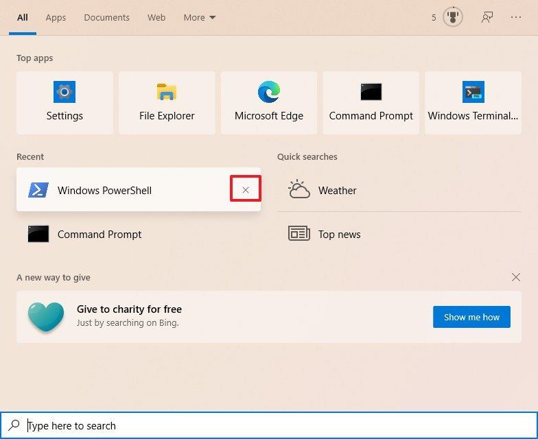 How to disable recent items in Search on Windows 10