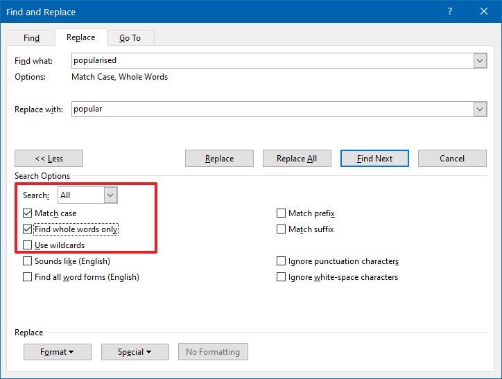 How to find and replace text in Word