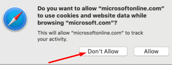 MicrosoftOnlineがSafariでCookieを使用することを許可する必要がありますか？