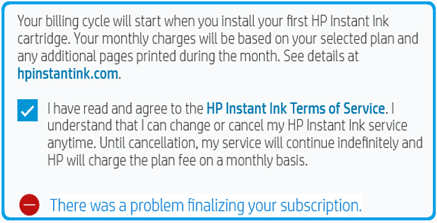 HPインク：サブスクリプションのファイナライズに問題がありました