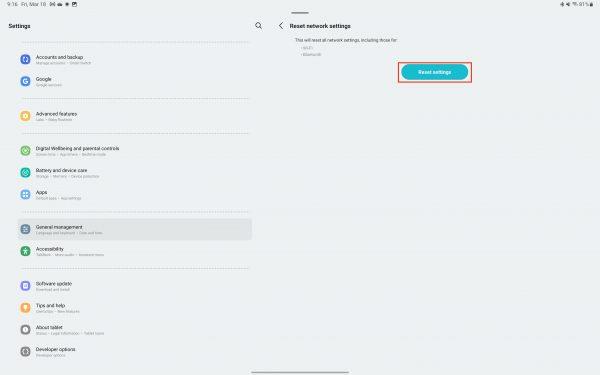Galaxy Tab S8: Resetați setările de rețea