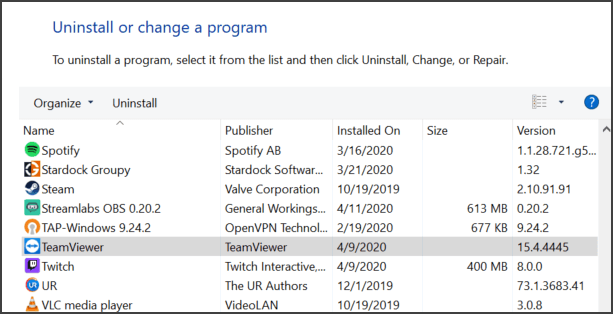 uninstall teamviewer windows 10