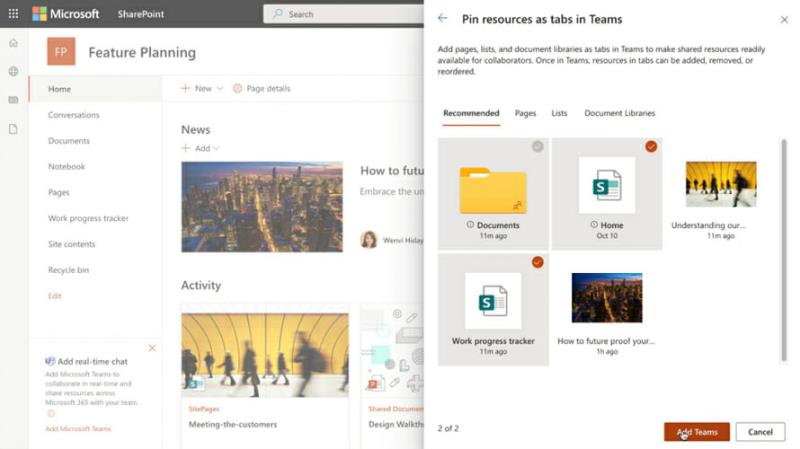 Novos recursos facilitam a adição de conteúdo do SharePoint às equipes