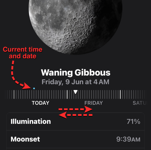 iOS 17のiPhoneで月情報、月入時刻、月の出時刻、月齢カレンダーを確認する方法