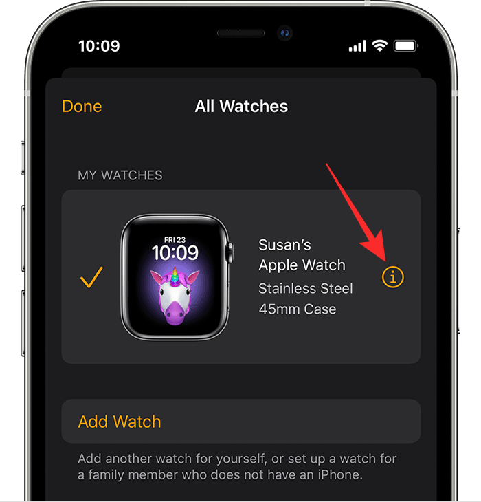 Où est l'icône « i » sur Apple Watch ?