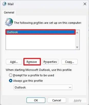 Outlookでプロフィールを削除する方法