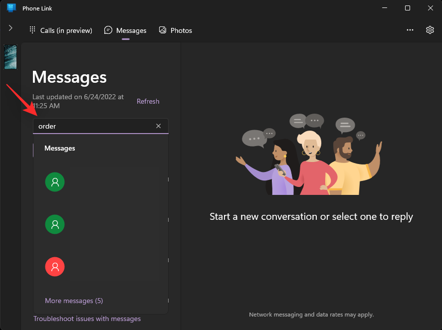 So durchsuchen Sie Nachrichten in der Phone Link-App unter Windows 11