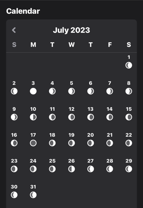 iOS 17のiPhoneで月情報、月入時刻、月の出時刻、月齢カレンダーを確認する方法