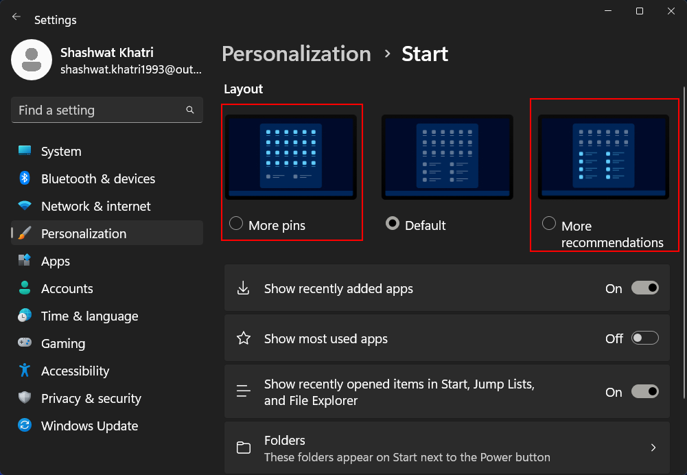 Windows 11에서 시작 메뉴 레이아웃을 변경하는 방법