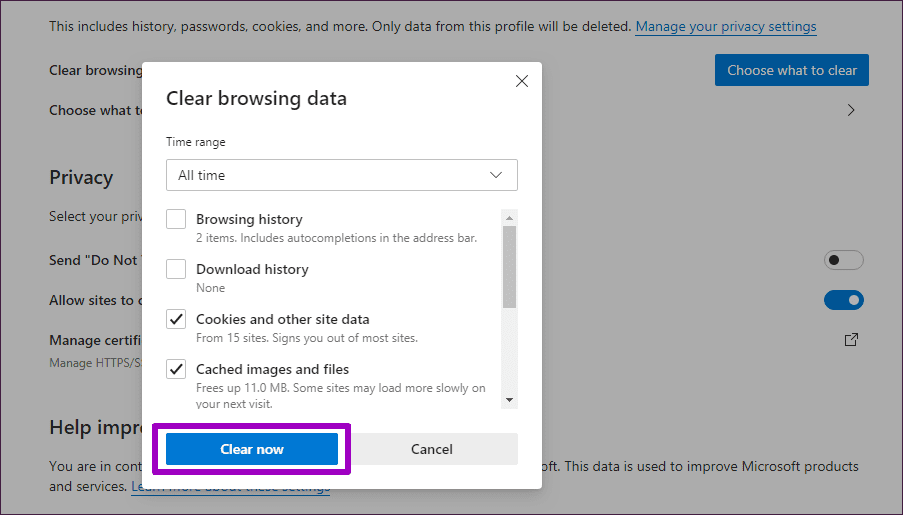 Come cancellare cache e cookie su Microsoft Edge