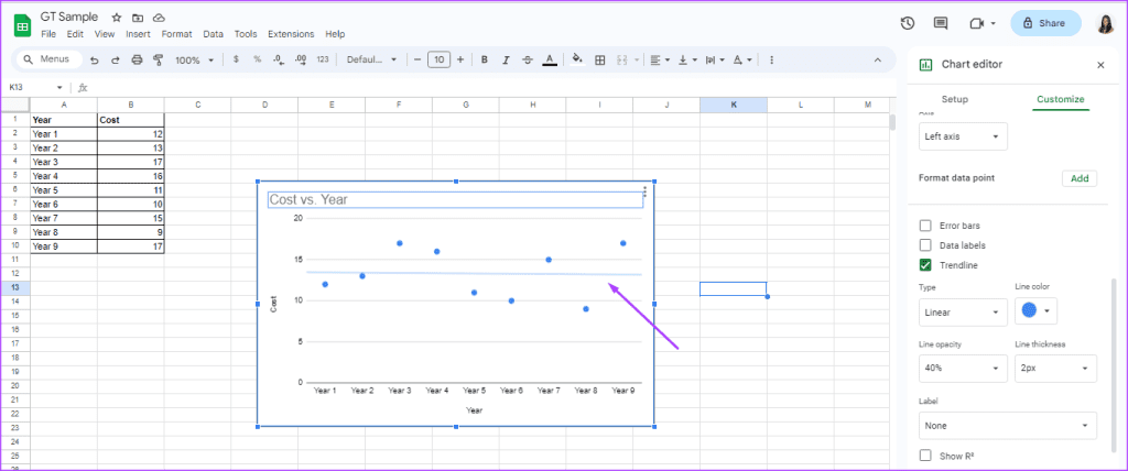 كيفية إضافة وتخصيص خط الاتجاه على الرسم البياني في جداول بيانات Google
