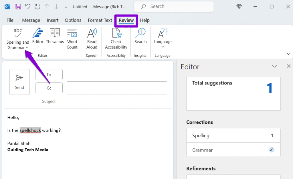 Le 6 principali correzioni per il controllo ortografico che non funziona in Microsoft Outlook per Windows
