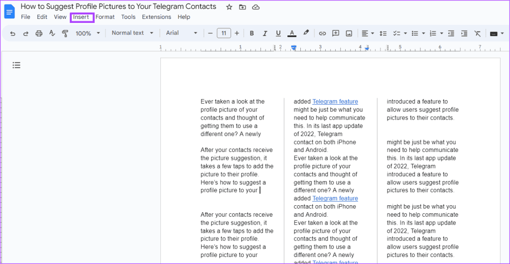 Como criar e editar colunas de texto no Google Docs