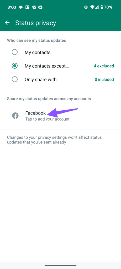 Come condividere automaticamente lo stato di WhatsApp come storia di Facebook