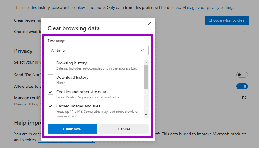 Como limpar cache e cookies no Microsoft Edge