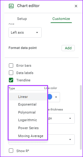 So fügen Sie eine Trendlinie zu einem Diagramm in Google Sheets hinzu und passen sie an