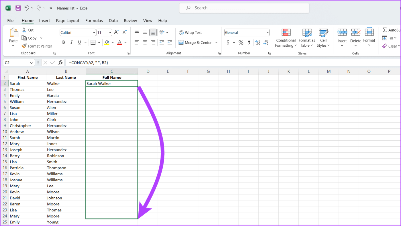 在 Microsoft Excel 中組合名字和姓氏的 6 種常用方法