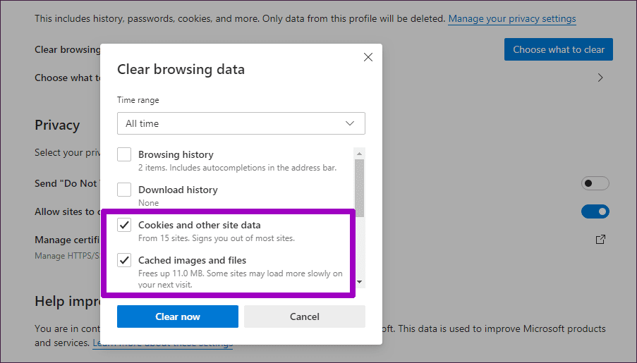 Como limpar cache e cookies no Microsoft Edge