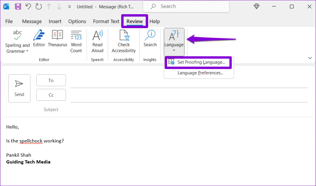 Windows 版 Microsoft Outlook でスペル チェックが機能しない場合のトップ 6 の修正
