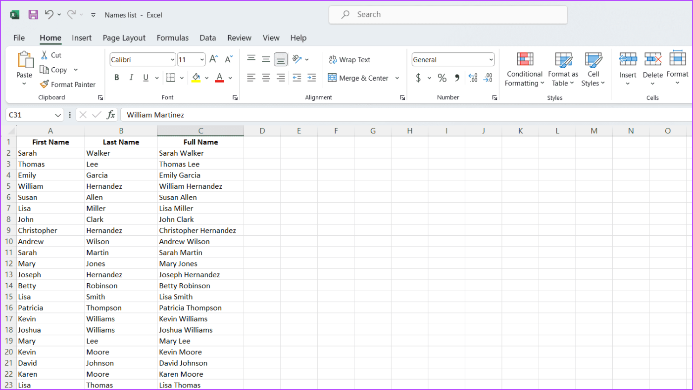 在 Microsoft Excel 中組合名字和姓氏的 6 種常用方法