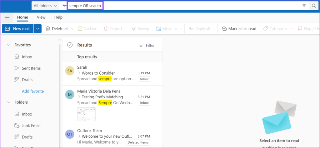 Una guía para usar la barra de búsqueda y los operadores de búsqueda en Microsoft Outlook