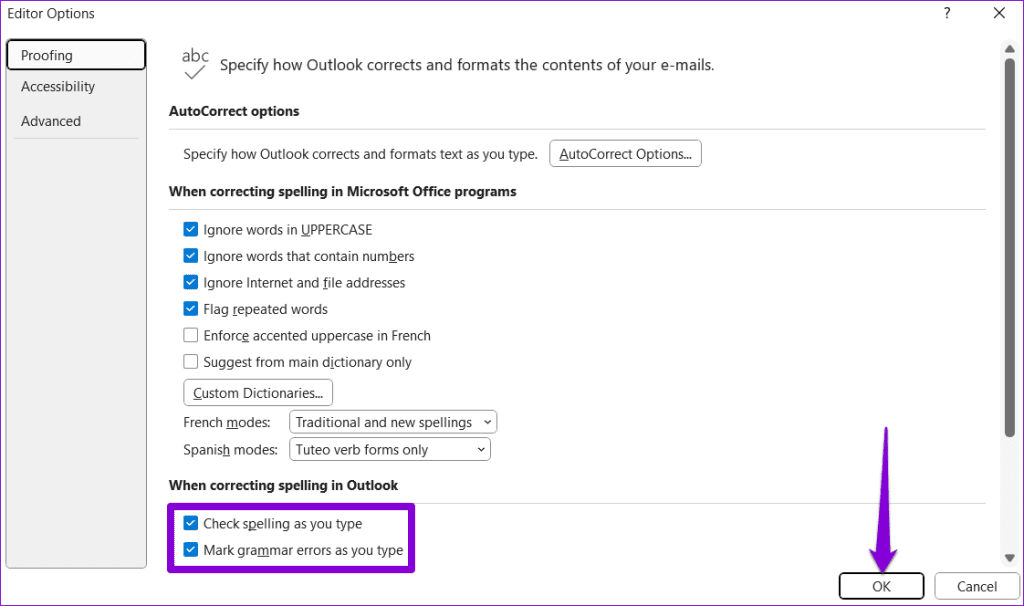 Las 6 soluciones principales para el corrector ortográfico que no funciona en Microsoft Outlook para Windows