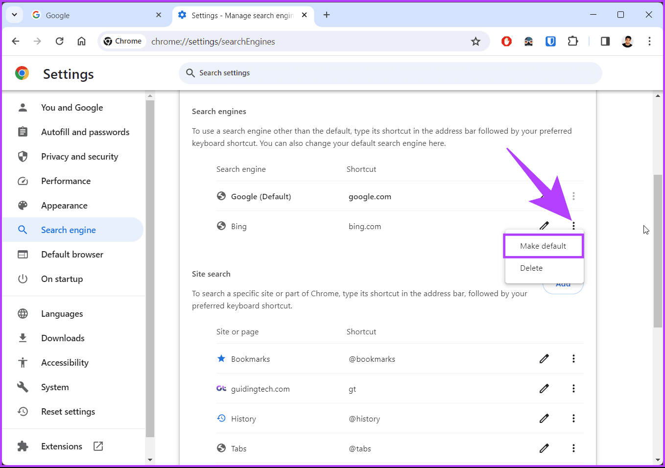 Chrome��서 사용자설정 검색 엔진을 기본값으로 설정하는 방법