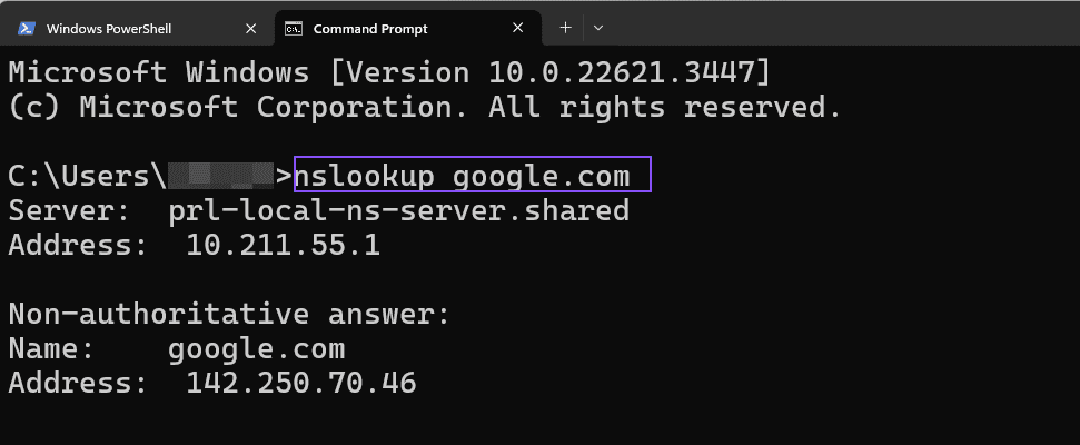 كيفية البحث عن عنوان IP الخاص بالمجال باستخدام أمر NSLookup في نظام التشغيل Windows