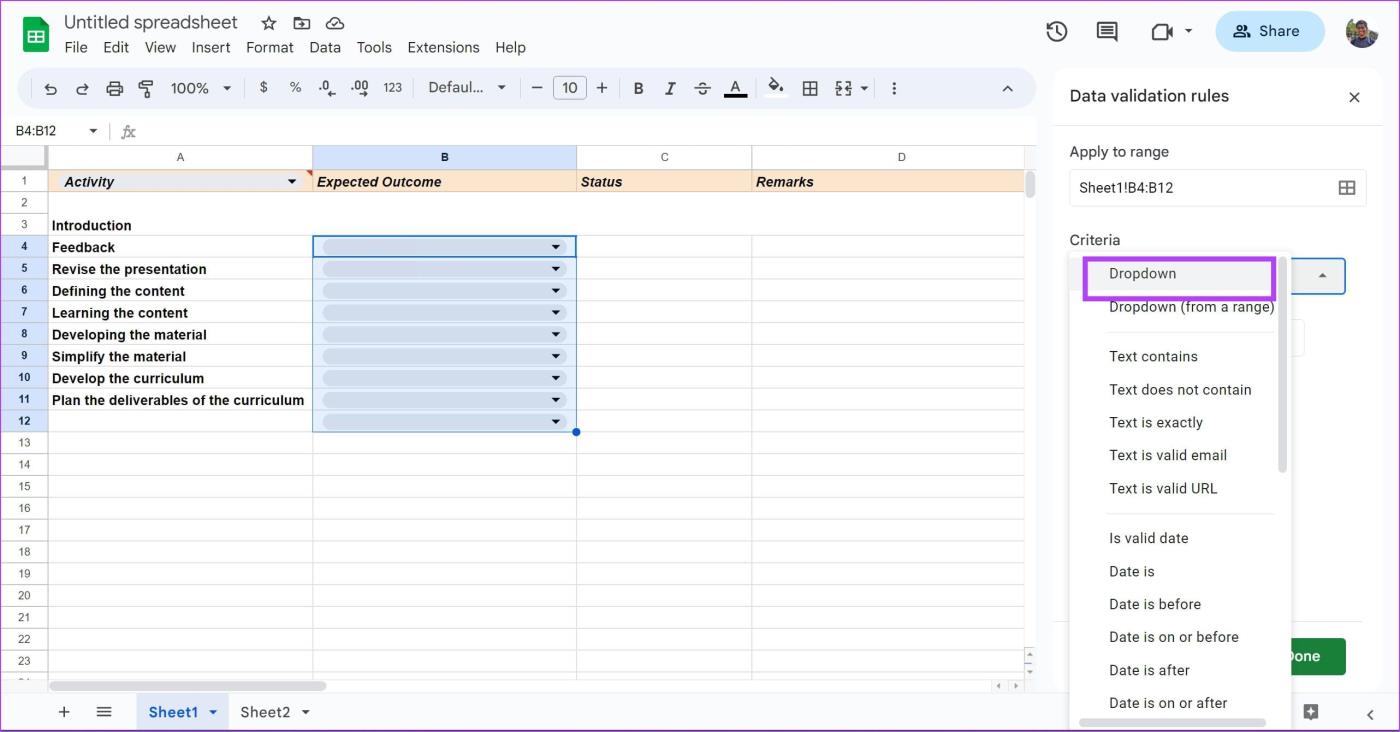 Cómo crear, editar y eliminar listas desplegables en Google Sheets