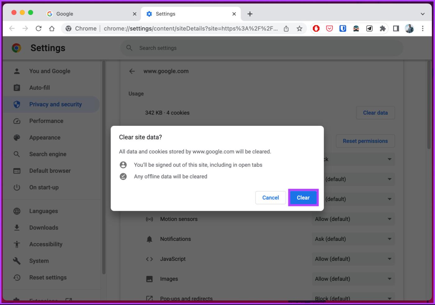 Cookies en cache wissen in Chrome voor één site