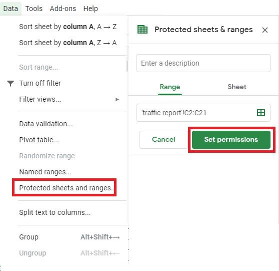 Stappen om cellen te beschermen tegen bewerking in Google Spreadsheets