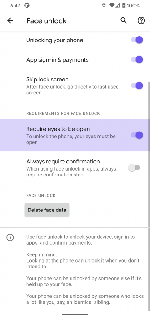 Pixel4が目を開けて顔認証を解除するオプション