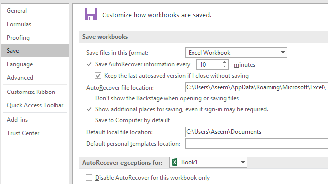 Excel の自動回復および自動バックアップ機能の使用方法