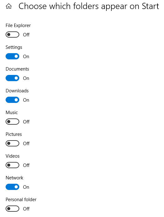 Windows 10 の [スタート] メニューでフォルダーとアプリを表示または非表示にする方法