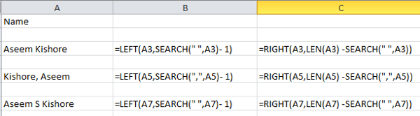 Hoe voor- en achternamen te scheiden in Excel