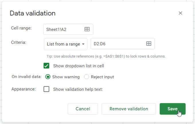 De vervolgkeuzelijsten van Google Spreadsheets gebruiken