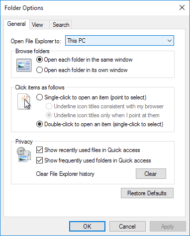 Définir le dossier par défaut lors de l'ouverture de l'explorateur dans Windows 10