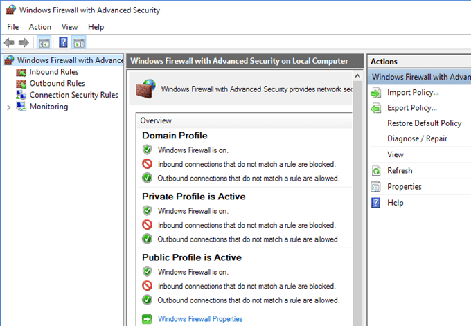 Ajuste as regras e configurações do firewall do Windows 10