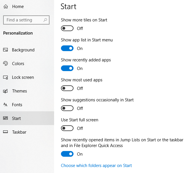 Windows 10 の [スタート] メニューでフォルダーとアプリを表示または非表示にする方法