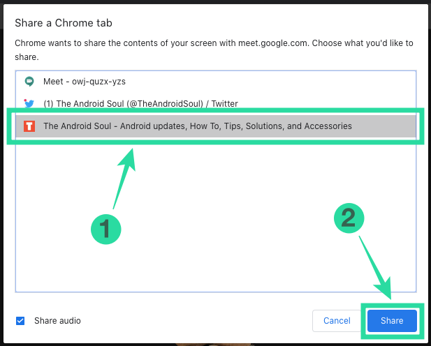 Bildschirmfreigabe eines einzelnen Chrome-Tabs in Google Meet