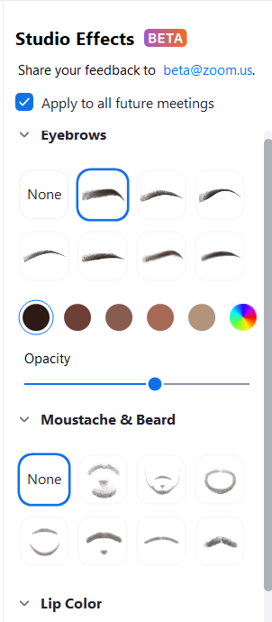 Zoom Studio Effects：フィルターを使用して眉、唇の色、口ひげ、あごひげを変更する方法