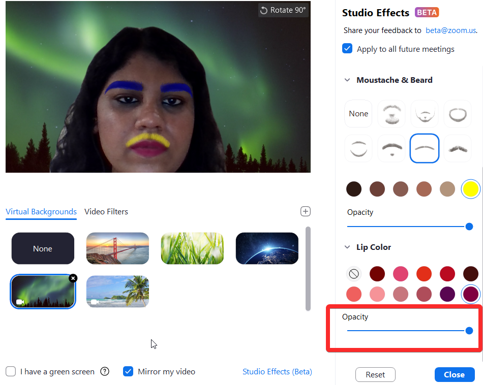 Zoom Studio Effects：フィルターを使用して眉、唇の色、口ひげ、あごひげを変更する方法